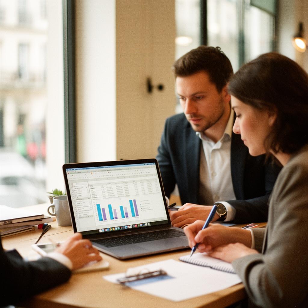 Deux professionnels analysant un tableau croisé dynamique Excel pendant une formation bureautique